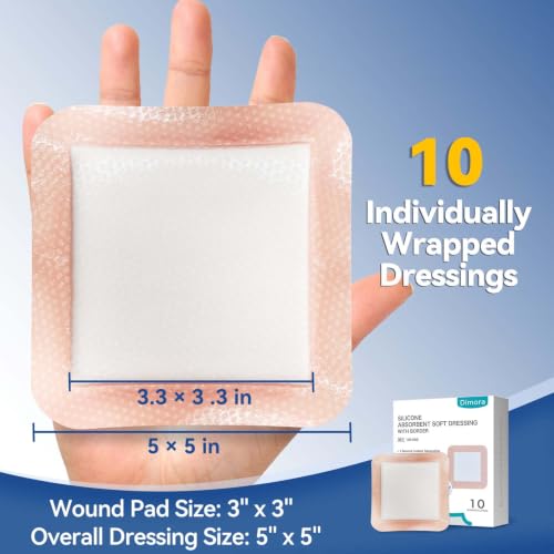 Dimora Silicone Super Absorbent Wound Dressings - Gentle Adhesive Bandages with Ultrasorb Polymer,Heavy Exudate Wound Care Pads 5"X 5" 10 Count - size: 5"x 5" - 10 pcs