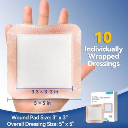 Dimora Silicone Super Absorbent Wound Dressings - Gentle Adhesive Bandages with Ultrasorb Polymer,Heavy Exudate Wound Care Pads 5"X 5" 10 Count - size: 5"x 5" - 10 pcs