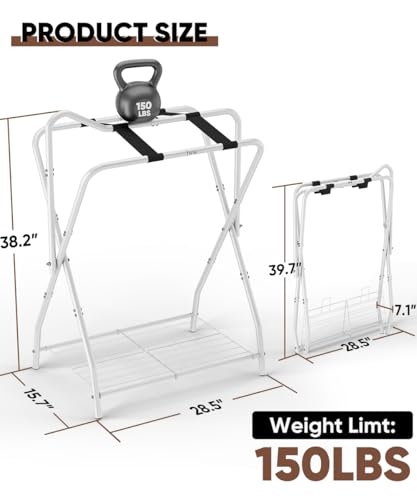 Queension Foldable Saddle Rack with Bottom Storage for Horse Stable, White - style: Standing-White