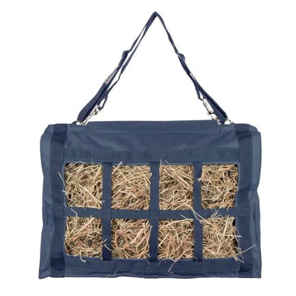 Dura-Tech Reinforced Top Horse Hay Saver Bag | 8 Slow Feeder Holes | Easily Carries and Hangs in Stalls | Hook & Loop Top Flap Closure | Mesh Bottom | Hold 4 Flakes of Hay - color: Navy