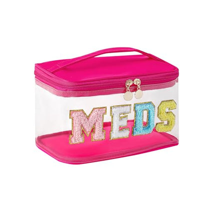 uekeboag Chenille Letter MEDS Clear Medicine Makeup Bag(01Hot Pink) | Personalized Transparent Large Waterproof Nylon Cosmetic Toiletry bag with Top Handle, Meds First Aid Travel Organizer - color: 01Hot Pink