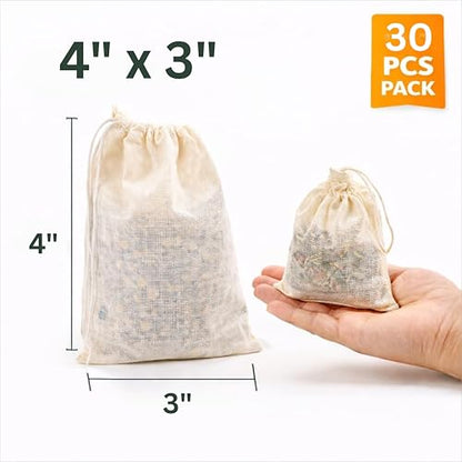 Organic Cotton Spice Bags with Drawstring – 30 Pcs Reusable 3x4 Tea Bags, Muslin bags for Cooking, Soup bag, Herbs & Loose Leaf Tea – Cheesecloth Straining Pouch - size: Spice Bag (30 Pack)