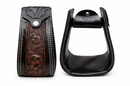 CHALLENGER Horse Saddle Stirrups Horse Western 5" Wide Saddle Antique Floral Tooled Leather Covered Stirrups 51173AT