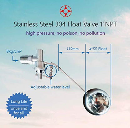 304 Stainless Steel Balanced Float Ball Valve, Tank Mount, 100 Psi, 1 inch NPT Male… - size: 1 Inch