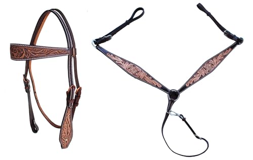 CHALLENGER Horse Western Leather Tooled Headstall Bridle Breast Collar Tack Set 78HRBrowbandSet - color: Brown Flower Tooled