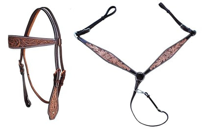 CHALLENGER Horse Western Leather Tooled Headstall Bridle Breast Collar Tack Set 78HRBrowbandSet - color: Brown Flower Tooled
