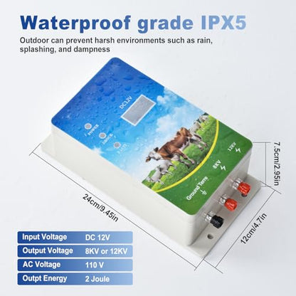 Electric Fence Charger 6 Mile, 8KV-12KV 2J Output, LED Display