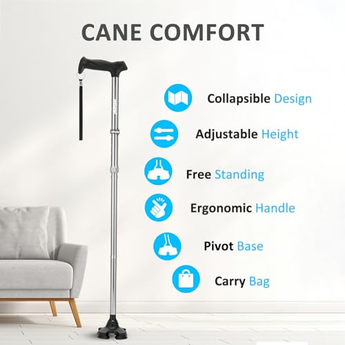 REHAND Walking Cane for Men & Women - Foldable, Adjustable, Lightweight, Self Standing Pivot Walking Cane, Soft Handle Grip, with Travel Bag, Walking Sticks for Seniors & Adults - color: Sliver