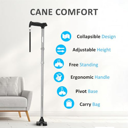 REHAND Walking Cane for Men & Women - Foldable, Adjustable, Lightweight, Self Standing Pivot Walking Cane, Soft Handle Grip, with Travel Bag, Walking Sticks for Seniors & Adults - color: Sliver