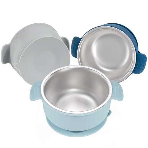 Bella's Friends Life Baby Bowls with Suction Stainless Steel and Silicone, 4.3” for Toddlers Kids Feeding, Non-Slip, Non-Toxic, Mess-Free, Dishwasher Safe, Fit High Chair Size, 3 Pack - color: blue, grey blue, grey