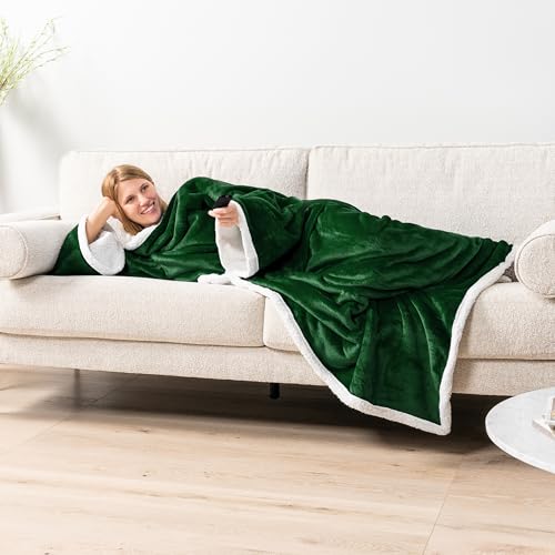 PAVILIA Sherpa Wearable Blanket with Sleeves and Pocket, Plush Thick Cozy Body Blanket Wrap for Adult Women Men, Christmas Gift for Wife Mom, Dark Green - color: Emerald Green
