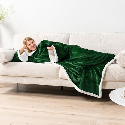 PAVILIA Sherpa Wearable Blanket with Sleeves and Pocket, Plush Thick Cozy Body Blanket Wrap for Adult Women Men, Christmas Gift for Wife Mom, Dark Green - color: Emerald Green