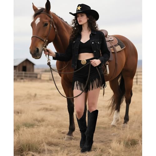 Knee High Cowboy Boots for Women Tall Cowgirl Western Boots - color: Black, size: 6