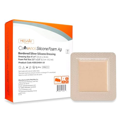 CuraVance Silicone Bordered Dressing with Silver, Absorbent 4"x4" Box of 10 | Sterile And Individually Wrapped - Silver Ag Dressing Pads - Antimicrobial & Odor-Resistant, Highly Absorbent & Medical Grade - size: 10 pack, style: 4"x4" Silver