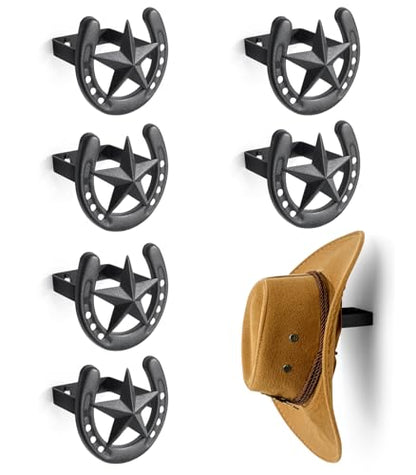 Cowboy Hat Rack for Wall, 6 Pack Iron Horseshoe Star Hooks, Black - color: Black