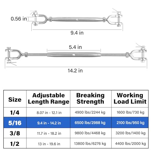 2PCS Turnbuckle, 5/16" (M8) 304 Stainless Steel Turnbuckle, 2100lbs Working Load Limit, Closed Body Jaw and Jaw Turnbuckles for Cables Wire Tensioning, Shade Sail, Clothesline, String Lights - size: 5/16in （2pcs）
