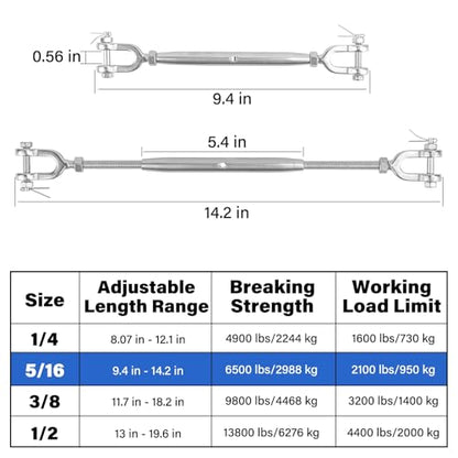 2PCS Turnbuckle, 5/16" (M8) 304 Stainless Steel Turnbuckle, 2100lbs Working Load Limit, Closed Body Jaw and Jaw Turnbuckles for Cables Wire Tensioning, Shade Sail, Clothesline, String Lights - size: 5/16in （2pcs）