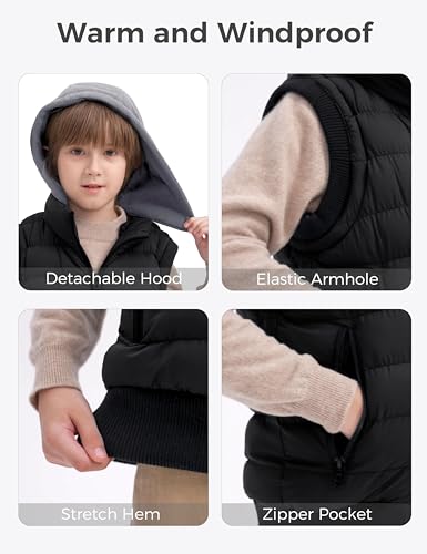 wantdo Boys' Puffer Vest Waterproof Sleeveless Winter Coat with Zip Pockets - color: Black, size: 6-7