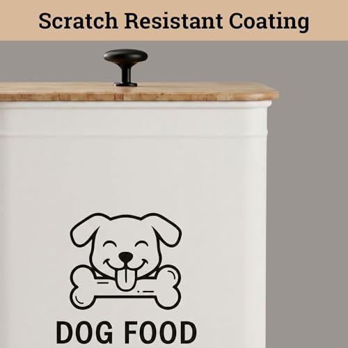 Metal Dog Food Container 5-7lb, 25 Cup w/ Airtight Bamboo Lid, Metal Handle - color: White: Dog Face