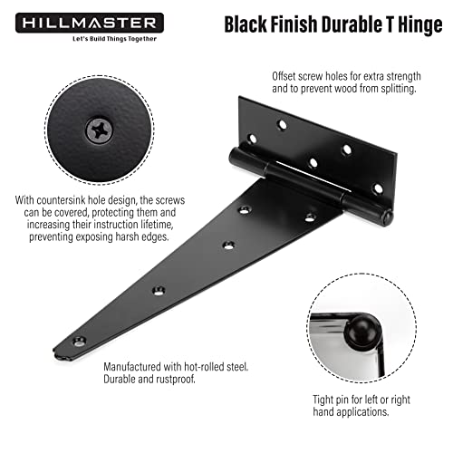 HILLMASTER 12 Inch T-Strap Heavy Duty Shed Door Hinges Gate Strap Hinges Black Tee Hinge Wrought Hardware for Wooden Fences,Yard,Barn Door,Rustproof (6 Pack) - size: 12in 6Pack