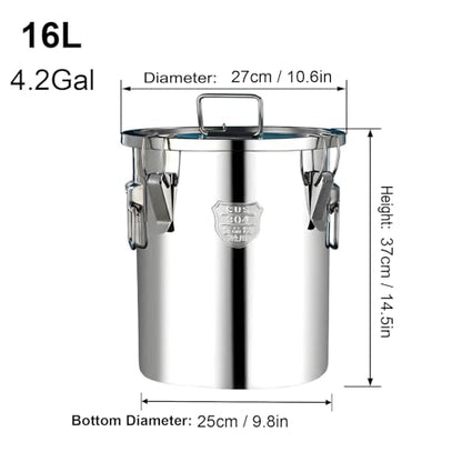 4.2 Gallon SUS304 Food Grade Stainless Steel Airtight Storage Bucket, Sealed Metal Canister with Lock Clasp Lid Moisture Proof Leakproof Large Container for Rice Flour Pet Dry Food Oil Can 16L - size: Standard 16L/4.2gal