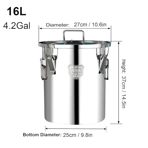 4.2 Gallon SUS304 Food Grade Stainless Steel Airtight Storage Bucket, Sealed Metal Canister with Lock Clasp Lid Moisture Proof Leakproof Large Container for Rice Flour Pet Dry Food Oil Can 16L - size: Standard 16L/4.2gal