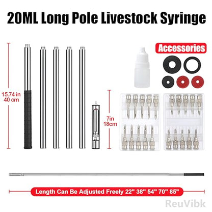 20ml Long Pole Syringe for Cattle & Horses | Adjustable Lengths 22"38"54"70"85" | Safe Remote Injection Reduces Animal Stress & Maintains Physical Distance - size: 20ML