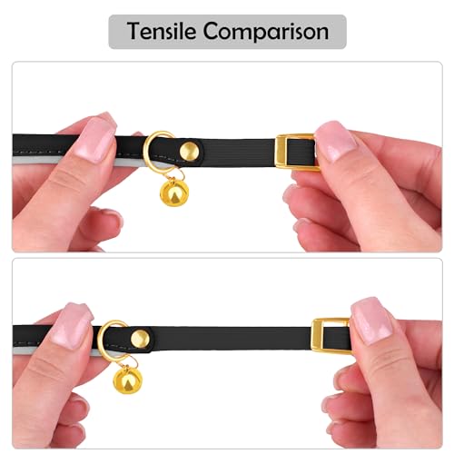 OOPSDOGGY Rolled Leather Cat Collar with Bell - Reflective Kitten Collar with Safety Elastic Strap - Adjustable Small Pet Collars for Boy Girl Cats (Black) - color: Black