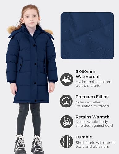 wantdo Girls' Waterproof Winter Coat Long Puffer Jacket Warm Parka Hooded - color: Navy, size: 6-7