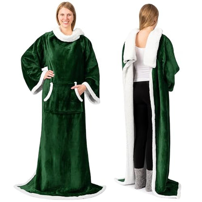 PAVILIA Sherpa Wearable Blanket with Sleeves and Pocket, Plush Thick Cozy Body Blanket Wrap for Adult Women Men, Christmas Gift for Wife Mom, Dark Green - color: Emerald Green