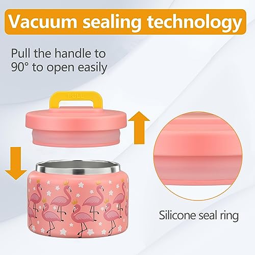 PIQUEBAR 8oz Kids Thermo for Hot Food,Small Lunch Thermo Food Container Stainless Steel,Easy Open Wide Mouth Thermo for Hot Cold Food for Preschool Travel - color: Pink Flamingos