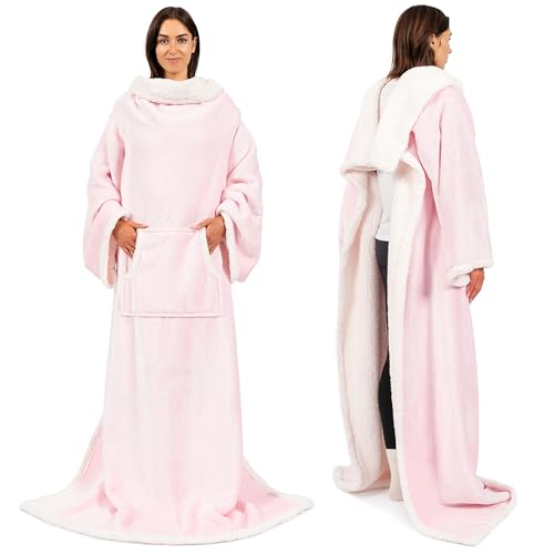 PAVILIA Sherpa Wearable Blanket with Sleeves and Pocket, Plush Thick Cozy Body Blanket Wrap for Adult Women Men, Christmas Gift for Wife Mom, Light Pink - color: Light Pink