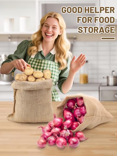 4Pcs 14"x20" Breathable Natural Burlap Bags with Rope for Potato Storage | Reusable, Thickened Jute Food Storage Sacks, Helps Potatoes/ Onions/ Root Vegetables Stay Fresh - size: 14'' x 20''