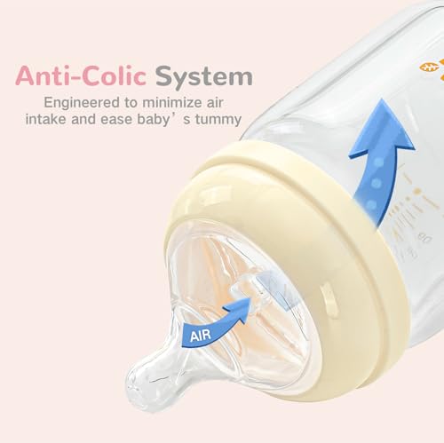 COMI Natural Glass Baby Bottles for Breastfeeding Babies,Newborn Anti-Colic Baby Bottle Set with Slow Flow Nipple,0-3 Months,BPA-Free,6 oz,2 Pack - style: 6 oz(2 Pack with Pacifier)