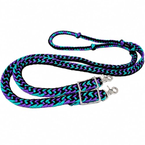 CHALLENGER Horse Western Nylon Braided 8 Ft. Knotted Roping Barrel Reins Purple Teal Orange 60737 - color: Purple / Turquoise / Black