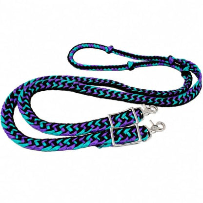 CHALLENGER Horse Western Nylon Braided 8 Ft. Knotted Roping Barrel Reins Purple Teal Orange 60737 - color: Purple / Turquoise / Black