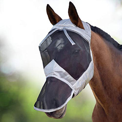 Harrison Howard CareMaster Horse Fly Mask Full Face No Ears Silver/Black Retro Medium Cob - color: Silver/Black, size: Cob (Medium)