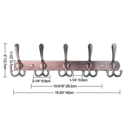 Dseap Wall Mounted Coat Rack - 5 Tri Hooks, Heavy Duty, Stainless Steel, Metal Coat Hook Rail for Coat Hat Towel Purse Robes Mudroom Bathroom Entryway,Antique Copper - color: Antique Copper, size: L=16" (1 Pcs)