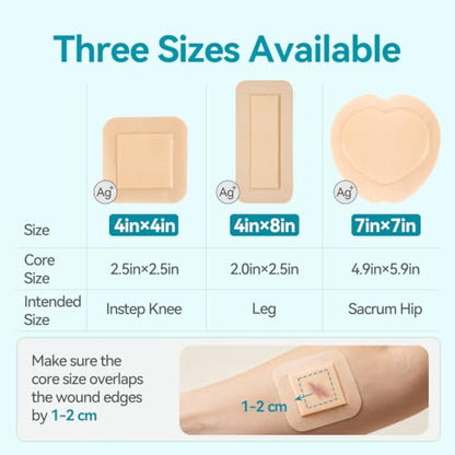 Dimora Silicone Foam Dressing Silver Ag Sterile Wound Bandage with Gentle Silicone Adhesive Border 4"x 4" Waterproof Breathable Ultra Absorbent Pads - size: 4" x 4" Ag(5 PCS)