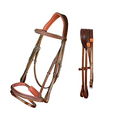 Exion Horse Snaffle Jumping Bridle with Removable Flash & Rubber Reins | Anatomical MonoCrown, Padded Noseband, Fancy Stitched Browband | English Bridle - color: Conker (Tan Brown), size: Cob (Medium Size)