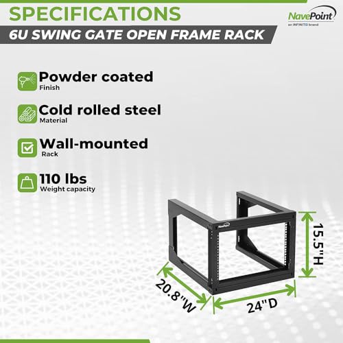 NavePoint 6U Server Rack with Swing Gate - Wall Mount Rack for 19 Inch IT & AV Equipment - 24' Deep, Black - size: 6U - 24in Deep