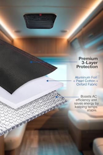 RV Skylight Cover, Reflective Aluminum Film Sun Shade Insulator, Oxford Cloth Foldable Magnet No Drill Roof Vent Blocker, Universal Camper Ceiling Window Screen for Most RVs (Black+Silver)