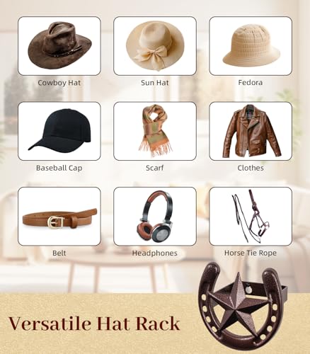 Cowboy Hat Rack for Wall, 6 Pack Iron Horseshoe Star Hooks, Bronze - color: Antique Bronze