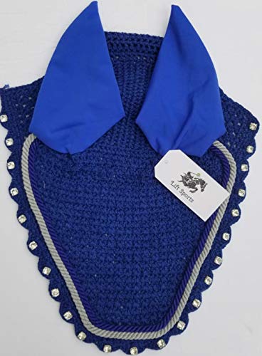Horse Fly Bonnet with Ears Net Mask Veil with Crystals Blings Hand Made Breathable Cotton Crochet Shows Protect from Bugs and Flies (Full, Black)