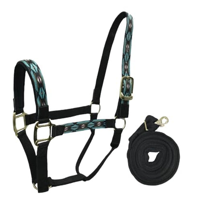 Patterned Nylon Horse Halters with Padded Noseband and Matching 10’ Soft Grip Lead Rope - 6 Month Warranty - color: Blue Aztec on Black Nylon