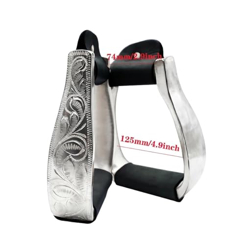Western Horse Stirrups Heavy Duty Cast Aluminum 4.9" Hand Engraved Polished Real Leather Tread for Equestrian Riding, Brown/Black - color: Black