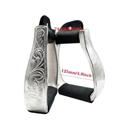 Western Horse Stirrups Heavy Duty Cast Aluminum 4.9" Hand Engraved Polished Real Leather Tread for Equestrian Riding, Brown/Black - color: Black
