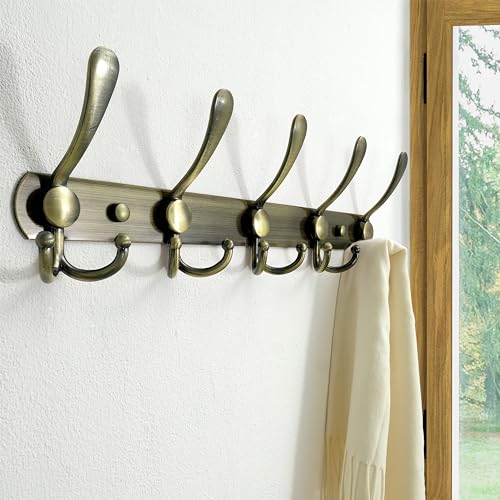 Dseap Wall Mounted Coat Rack - 5 Tri Hooks, Heavy Duty, Stainless Steel, Metal Coat Hook Rail for Coat Hat Towel Purse Robes Mudroom Bathroom Entryway (Bronze, 2 Packs) - color: Bronze, size: L=16" (2 Pcs)