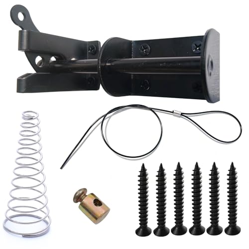Door Latch - Self-Locking Gate Latch for Outdoor Fence, Black Steel Automatic Gravity Lever Lock with Fasteners, Gate Latch for Wooden Fence, Versatile Gate Latches with Spring &Cable Pull String
