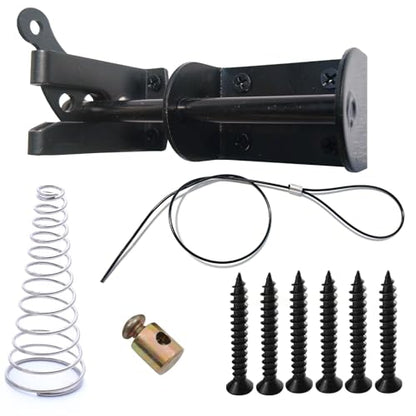 Door Latch - Self-Locking Gate Latch for Outdoor Fence, Black Steel Automatic Gravity Lever Lock with Fasteners, Gate Latch for Wooden Fence, Versatile Gate Latches with Spring &Cable Pull String